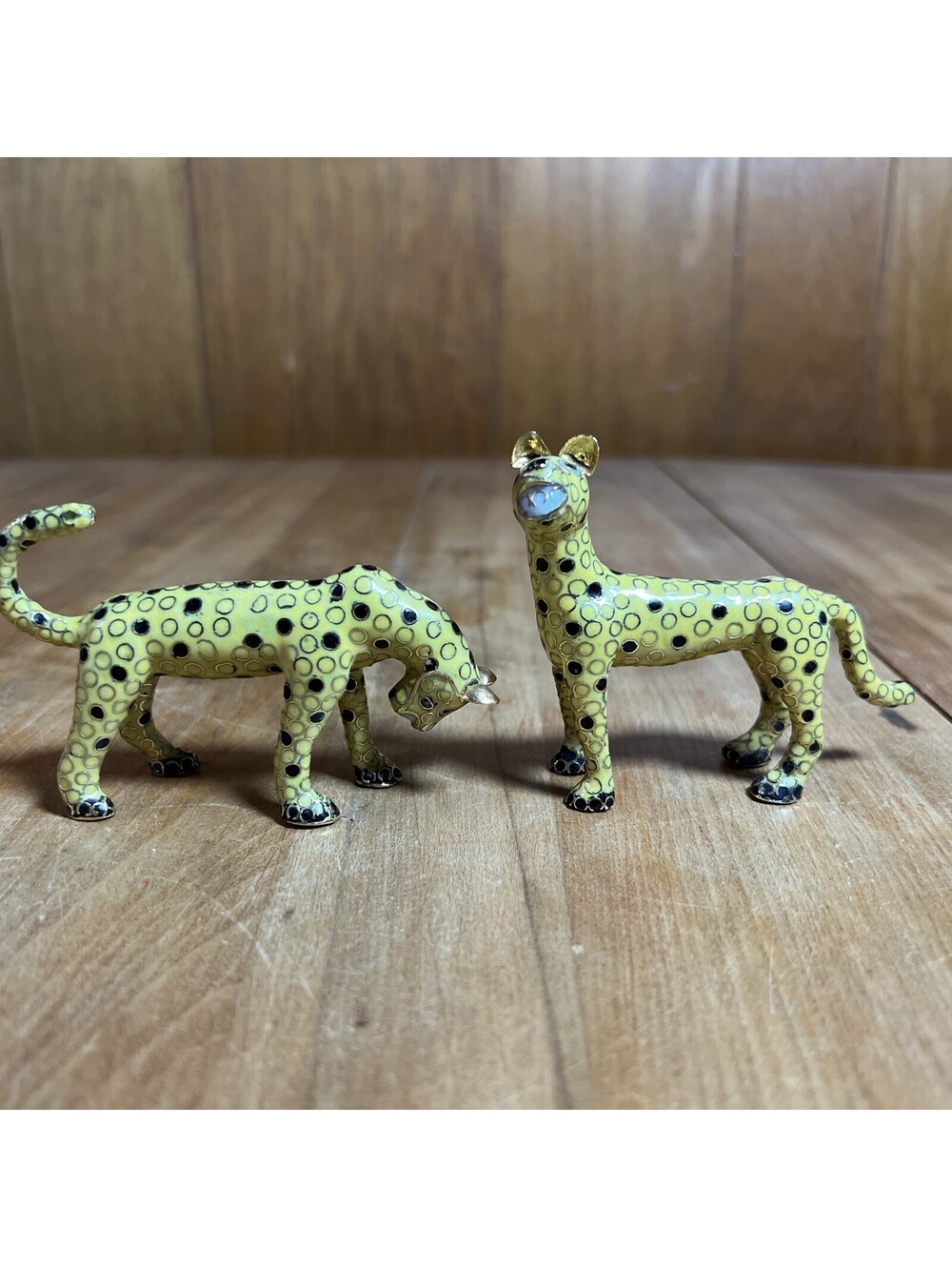 Cloisonné Leopard Cheetah Cat Figurine, Set Of 2